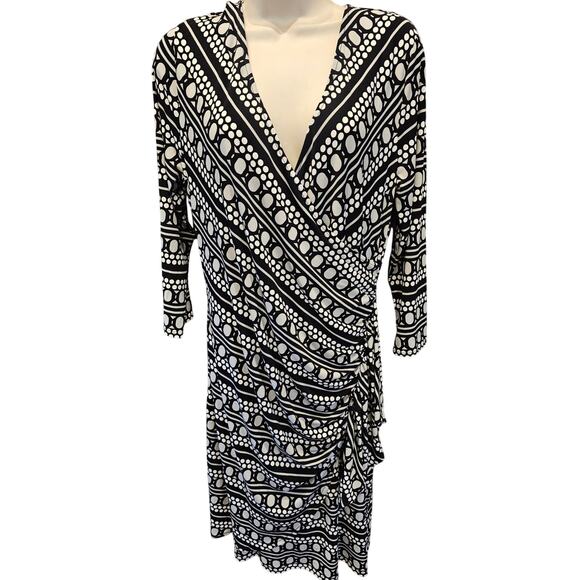 New York Company Stretch Black Polka Dotted
Sheath Faux Wrap Dress Size L EUC - Picture 1 of 7